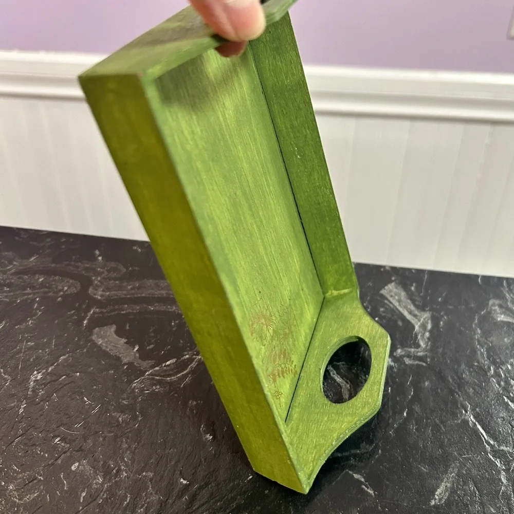 Green Decorative Wooden Tray with Floral Accen.
